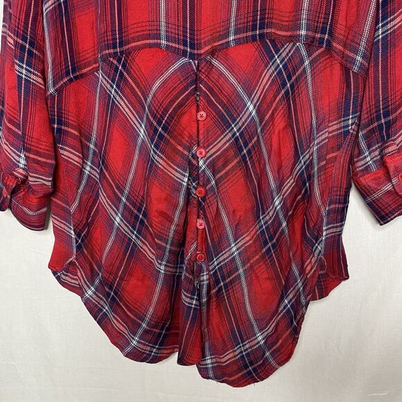 KEREN HART Blouse Plaid Long Sleeve Button Down Tulip Split Back Womens XL Red - Picture 5 of 11
